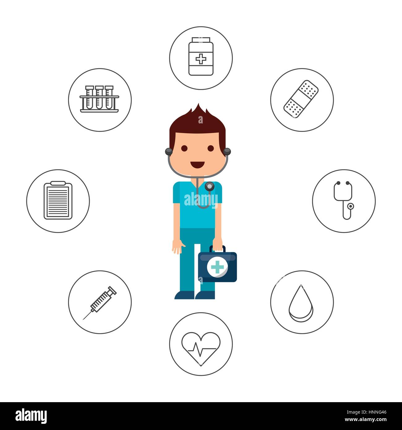 doctor man and medical icons around over white background. colorful ...