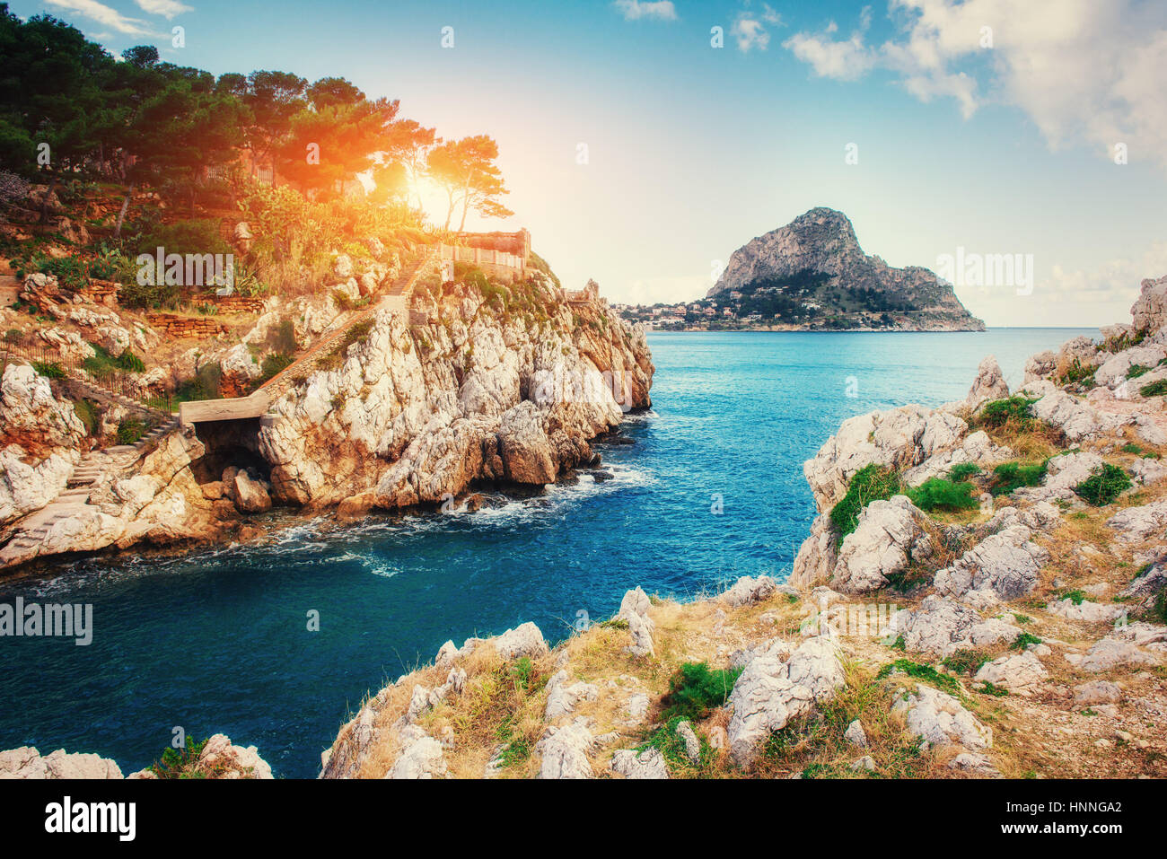 Scenic rocky coastline Cape Milazzo. Sicily Italy Stock Photo - Alamy