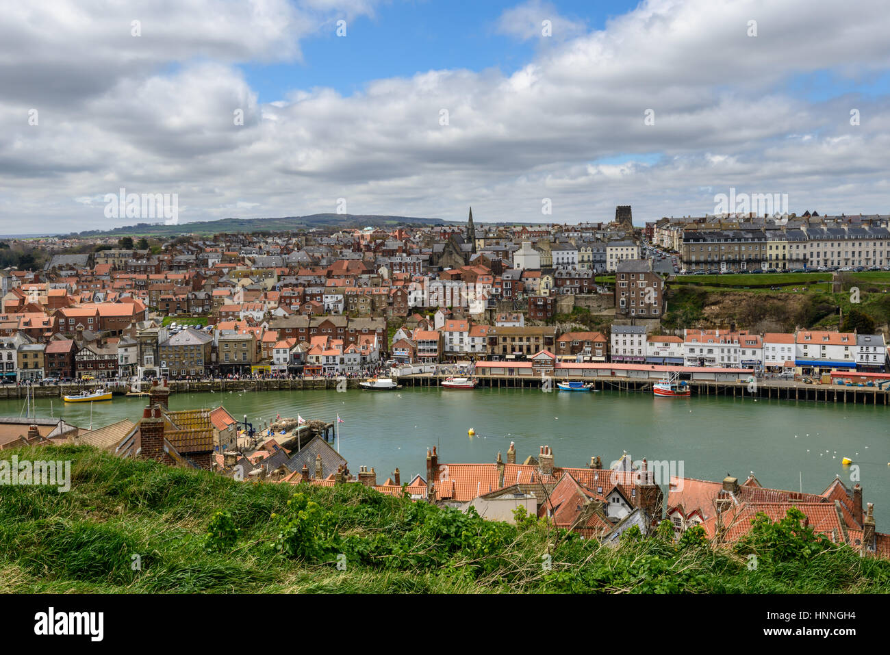 Whitby harbour and quayside viewed from the East Cliff Stock Photo