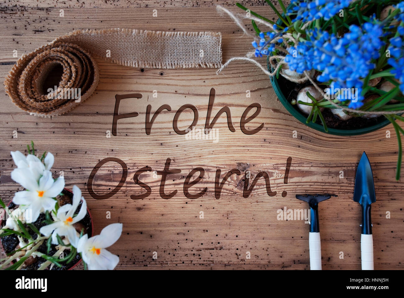 Spring Flowers, Frohe Ostern Means Happy Easter Stock Photo
