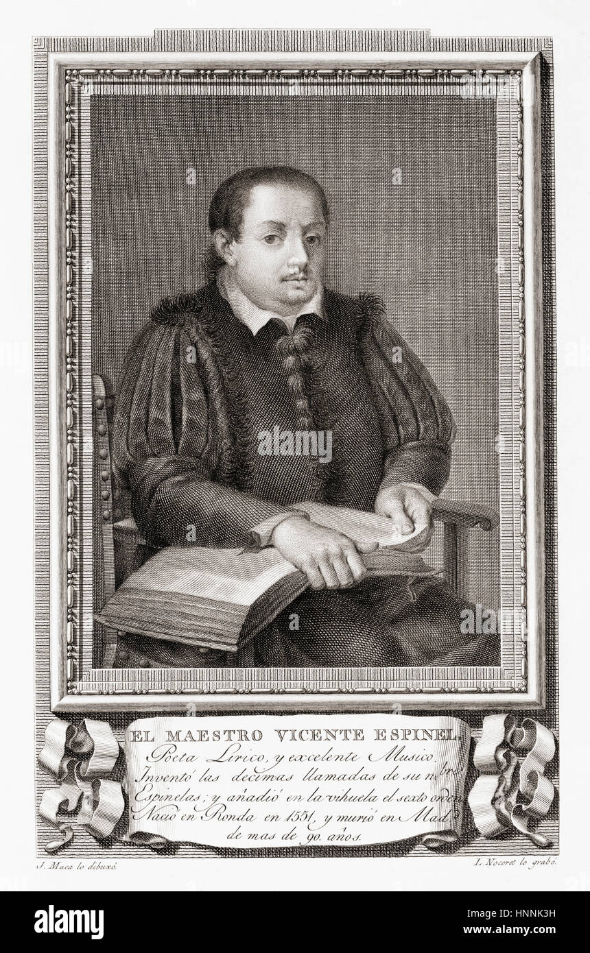 Vicente Gómez Martínez-Espinel, 1550 – 1624.  Spanish writer and musician during Spain's Golden Age.  After an etching in Retratos de Los Españoles Ilustres, published Madrid, 1791 Stock Photo