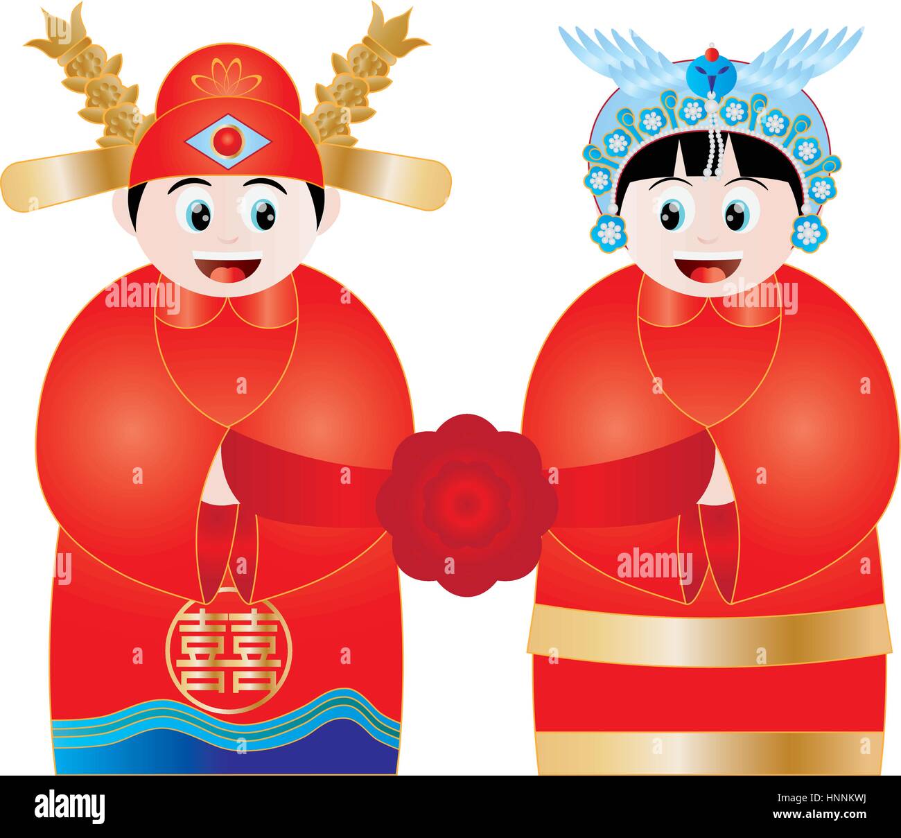 Chinese Wedding Couple In Traditional Royal Costumes With Double Happiness Text Illustration