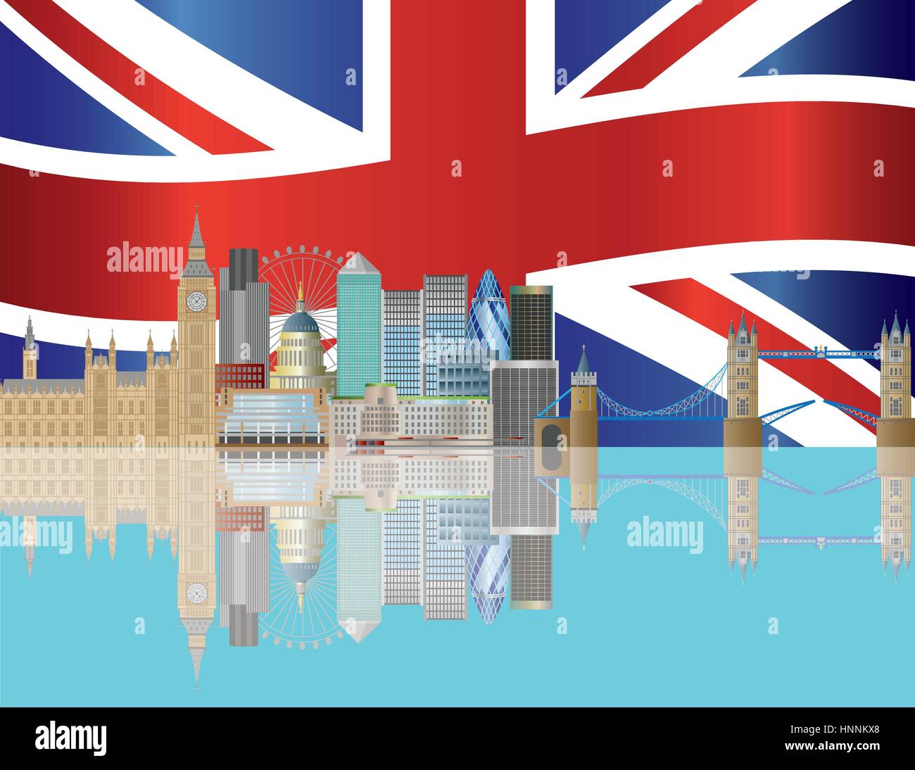 London City Skyline with UK Union Jack Flag Background Illustration Stock Vector