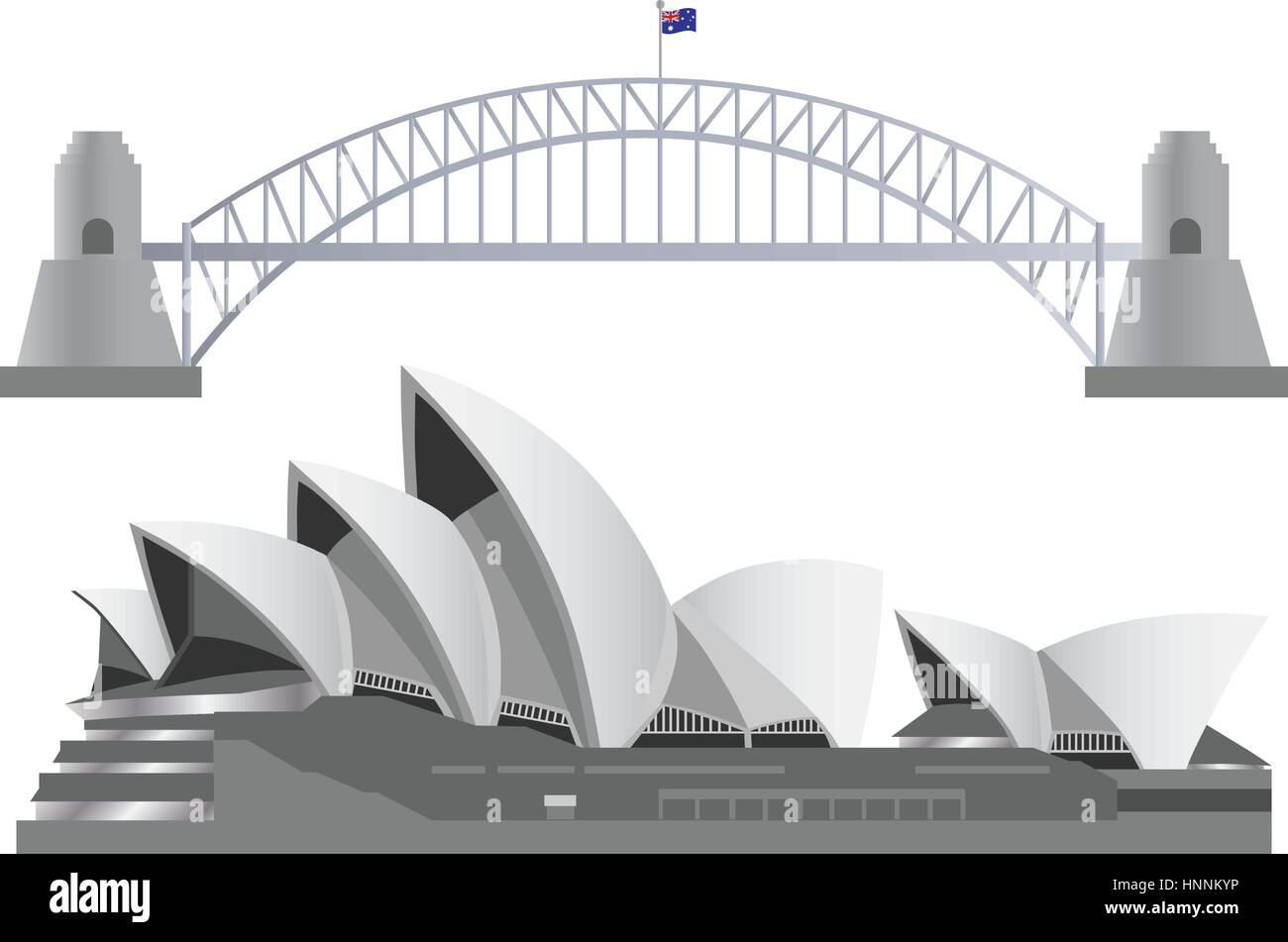 Sydney Australia Skyline Landmarks Harbour Bridge and Opera House Illustration Stock Vector