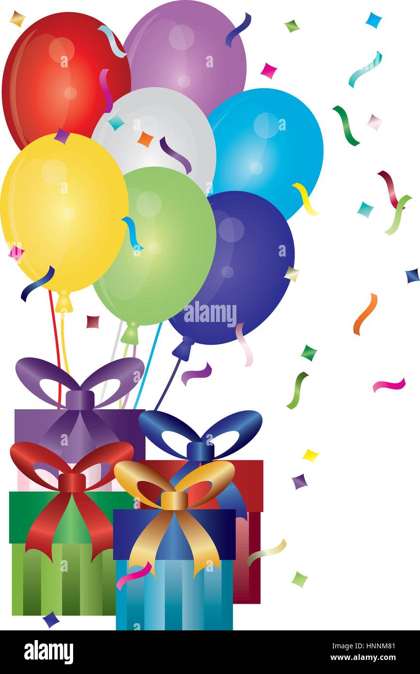 Happy Birthday Presents Balloons and Confetti Illustration Stock Vector