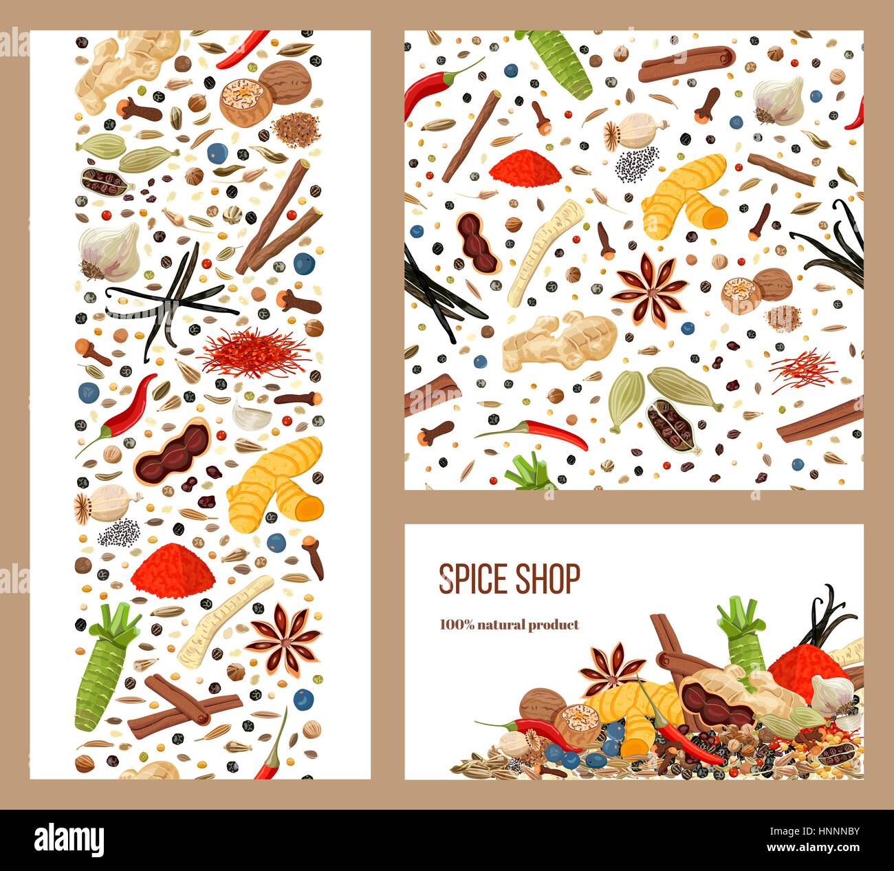 Realistic popular culinary spices. Labels set. Shop sign. stripes and cards Ginger, chili pepper, garlic, nutmeg, anise etc. For store, health care, l Stock Vector