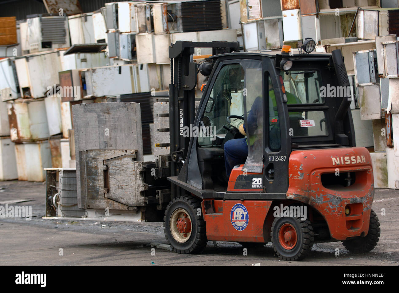 Sims Recycling Solutions, Newport, Gwent, showing old fridges for recycling and the raw metal