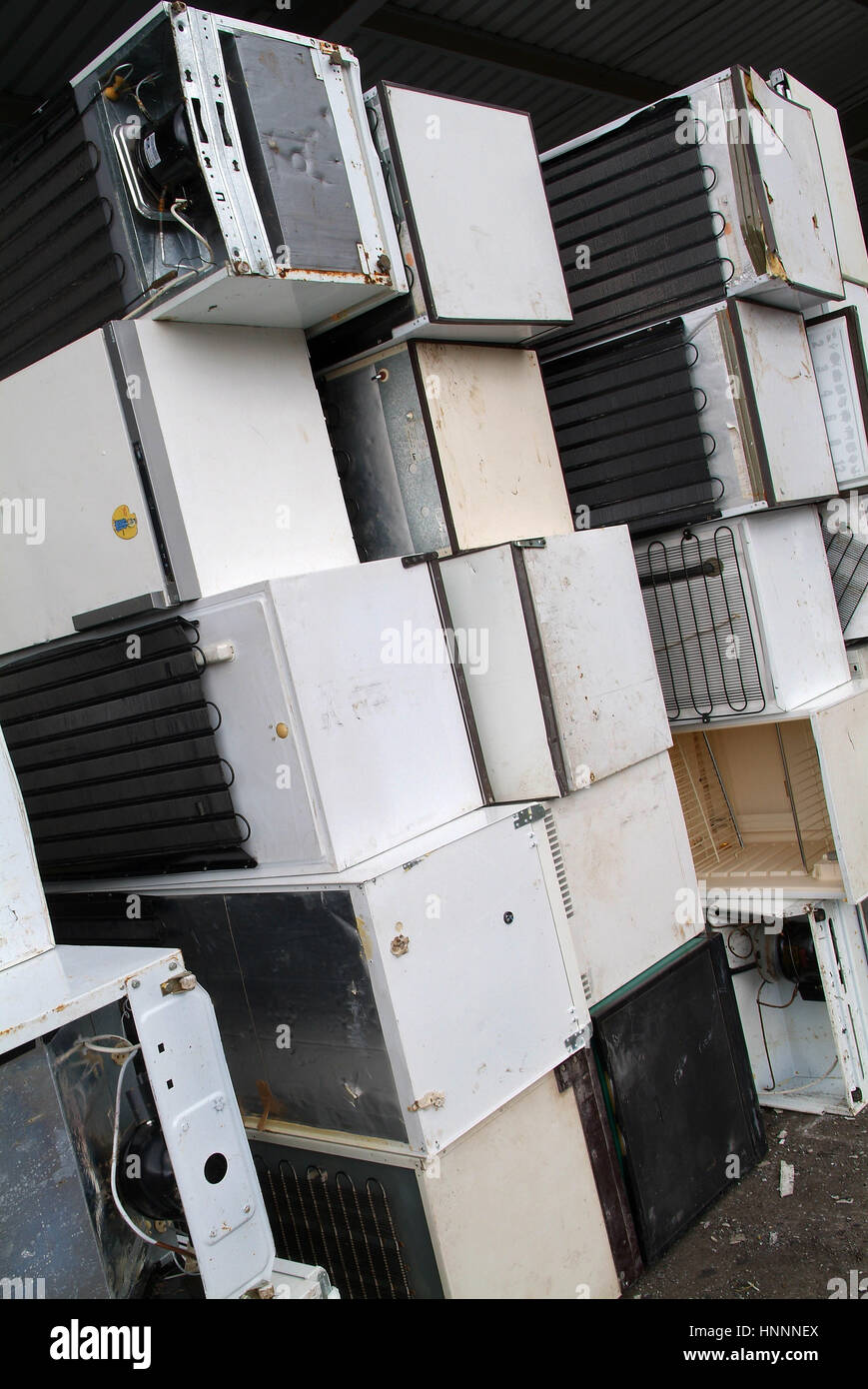 Sims Recycling Solutions, Newport, Gwent, showing old fridges for recycling and the raw metal