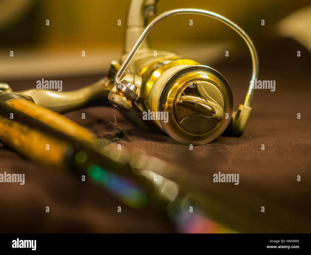 The golden fishing reels on the fishing rod Stock Photo