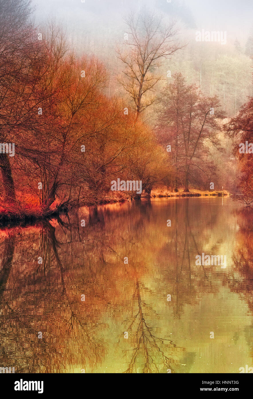 idyllic misty snowy retro color riverside,old trees reflecting on the water,vintage painting style,moody red golden landscape impression Stock Photo