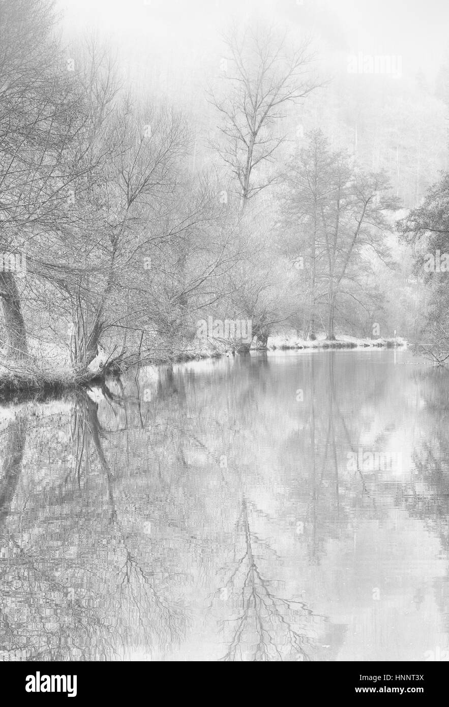 idyllic misty  snowy monochrome riverside,old trees reflecting on the water,vintage painting style, black and white high key landscape impression Stock Photo
