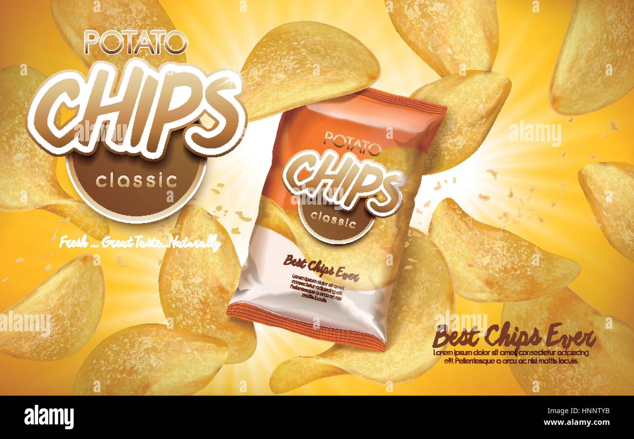 classic flavor potato chips ad with flying chips and a bag, 3d