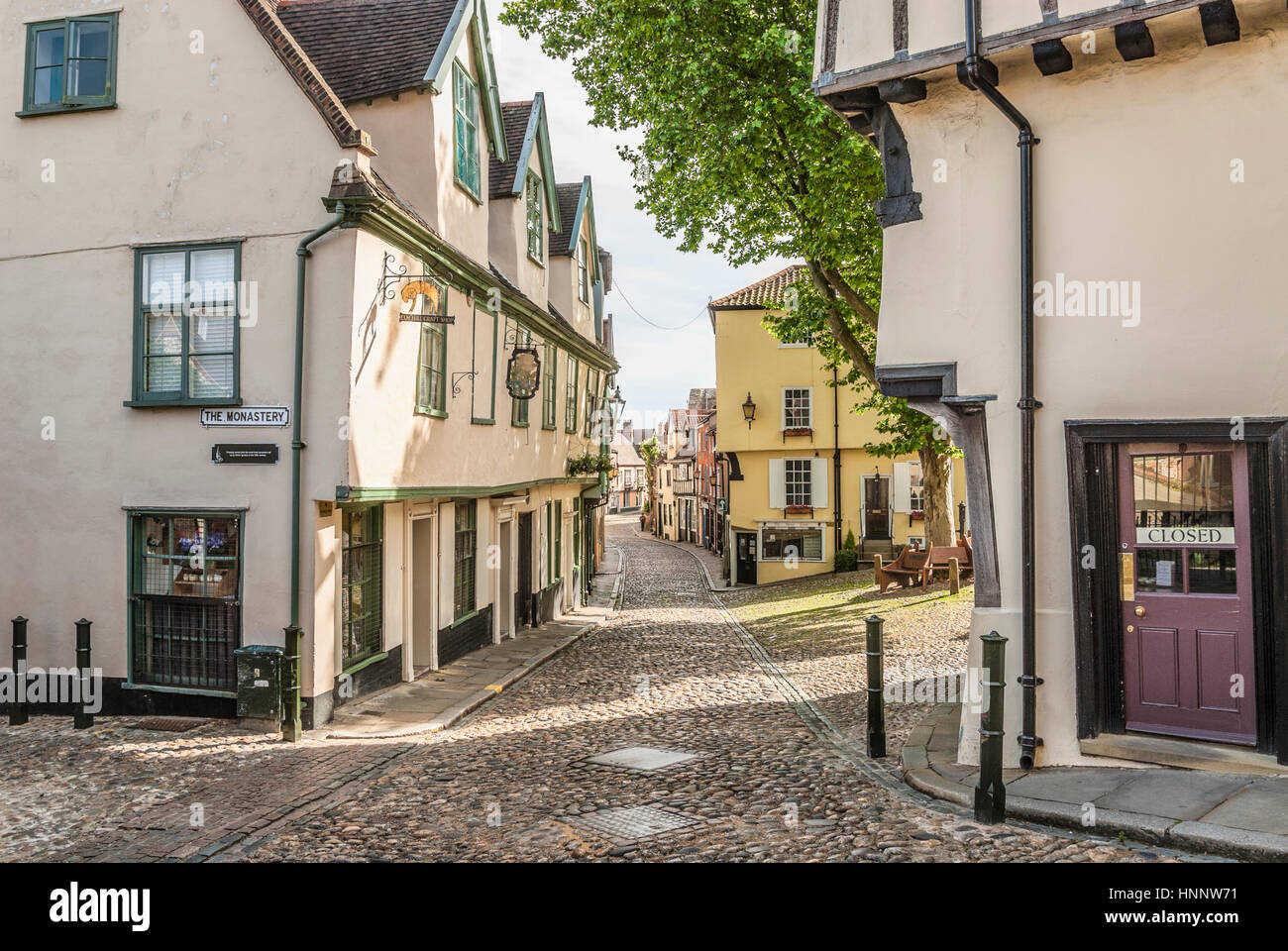 Elm Hill in Norwich, a historic cobbled lane in Norwich, Norfolk with many buildings dating back to the Tudor period Stock Photo