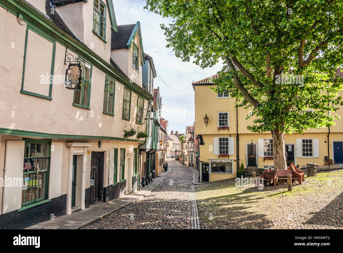 Elm Hill in Norwich, a historic cobbled lane in Norwich, Norfolk with