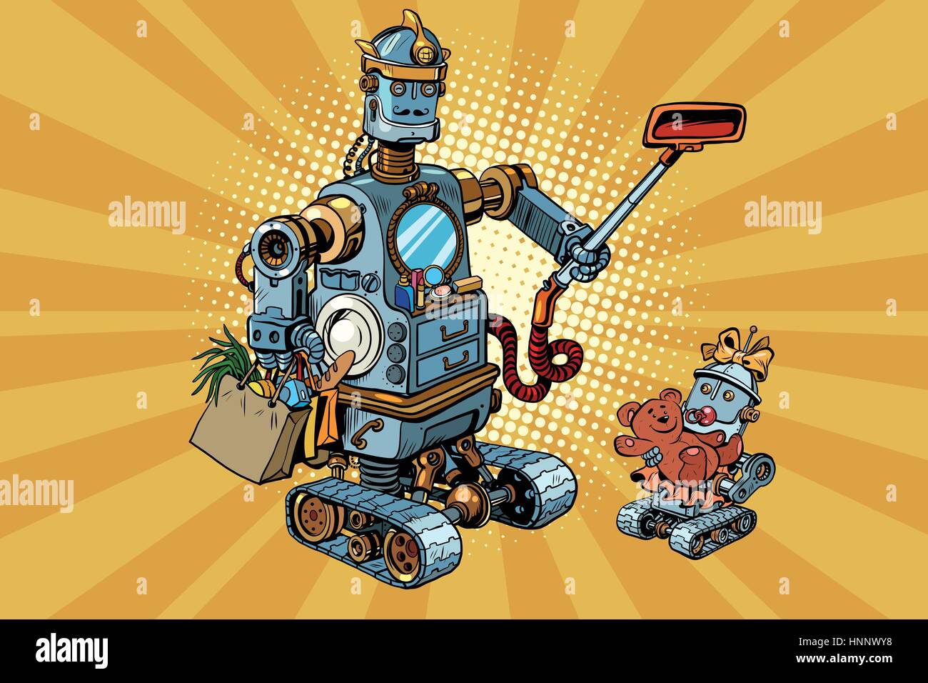 Family retro robots dad and baby. Vintage pop art retro comic book vector illustration Stock Vector