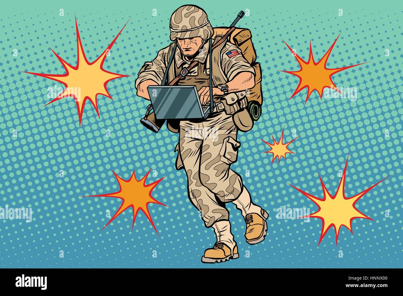 Cyber soldier with a computer. Vintage pop art retro comic book vector illustration. Commando officer. US army. Flash explosions Stock Vector