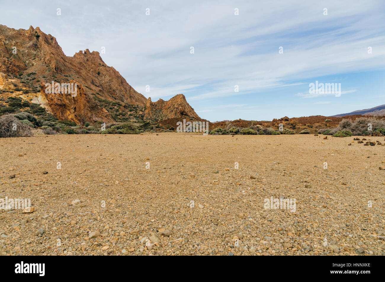 Volcanic landscape with erosion and sparse vegetation. Tenerife, Canary islands, Spain Stock Photo