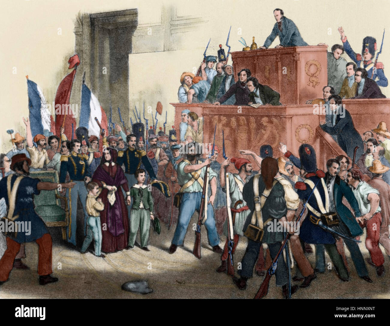 France. Liberal Revolution, 1848. Popular uprising to force the abdication of King Louis Philippe of Orleans and proclaim the Second Republic (Days 22 to 24 February). National Assembly invaded by the people, February 24, 1848. Engraving. Colored. Stock Photo