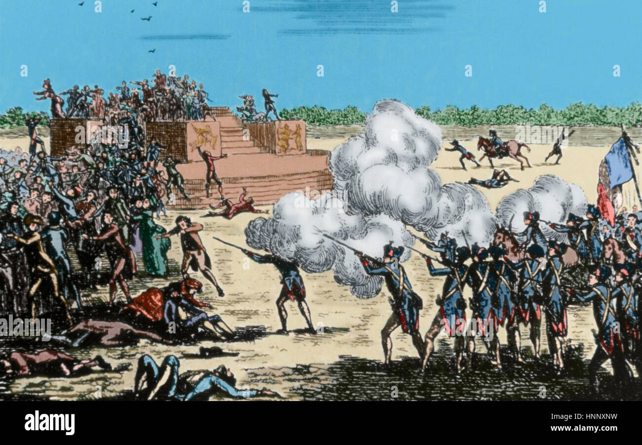 French Revolution (1789-1799). Champ de Mars Massacre (July 17, 1791). Anonymous. Engraving. Colored. Stock Photo