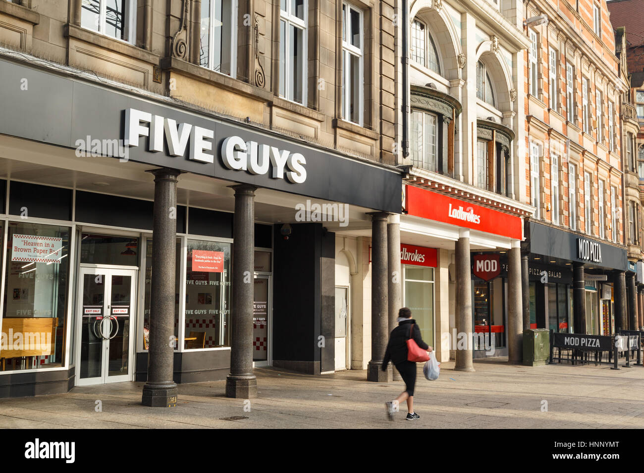 NOTTINGHAM, ENGLAND FEBRUARY 13 Nottingham, 'Five Guys' and 'MOD PIzza' restaurants in