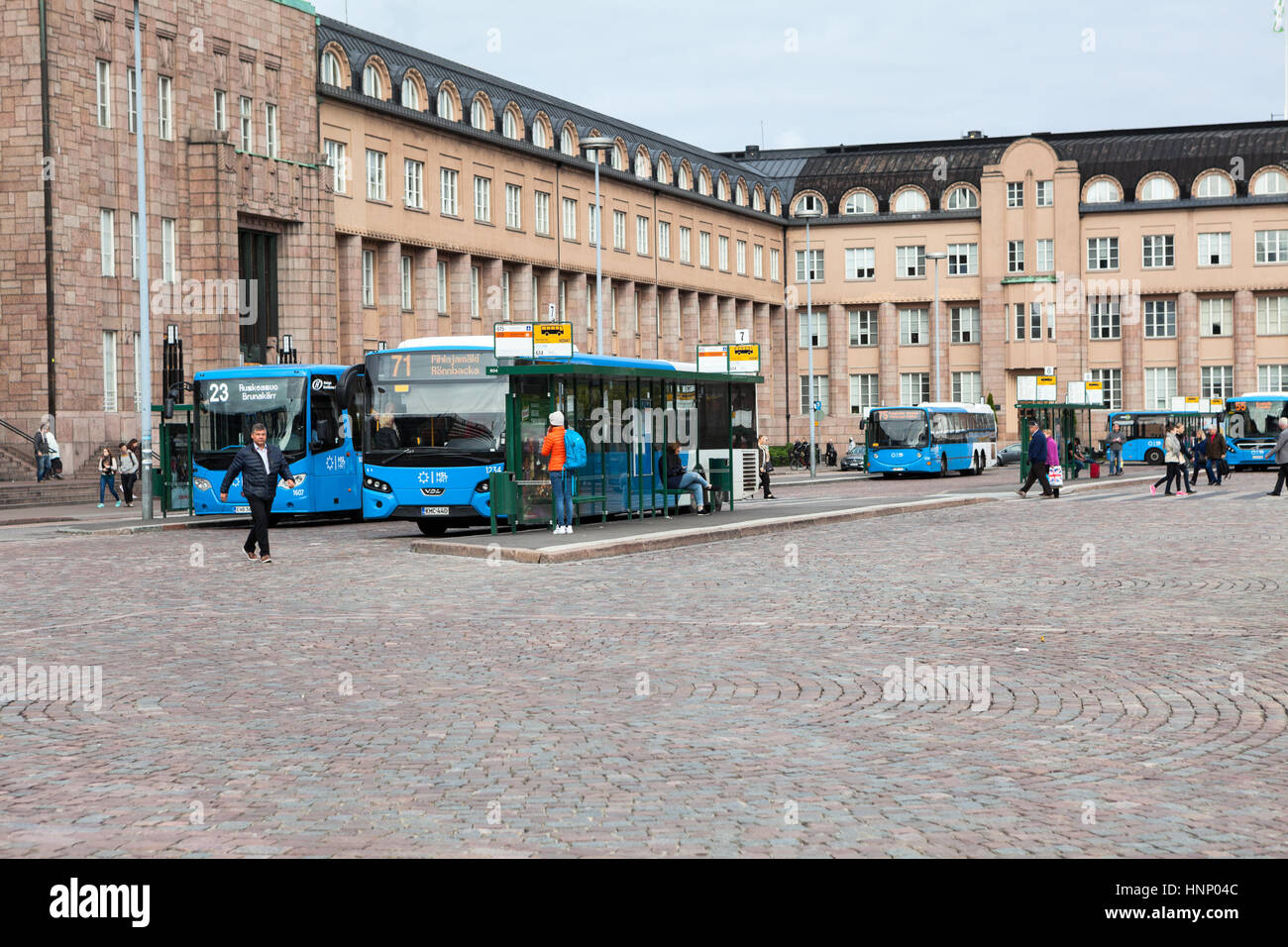 HELSINKI, FINLAND - CIRCA SEP, 2016: There are many platforms for regular bus lines on the main station. Internal bus routes start in the Rautatientor Stock Photo