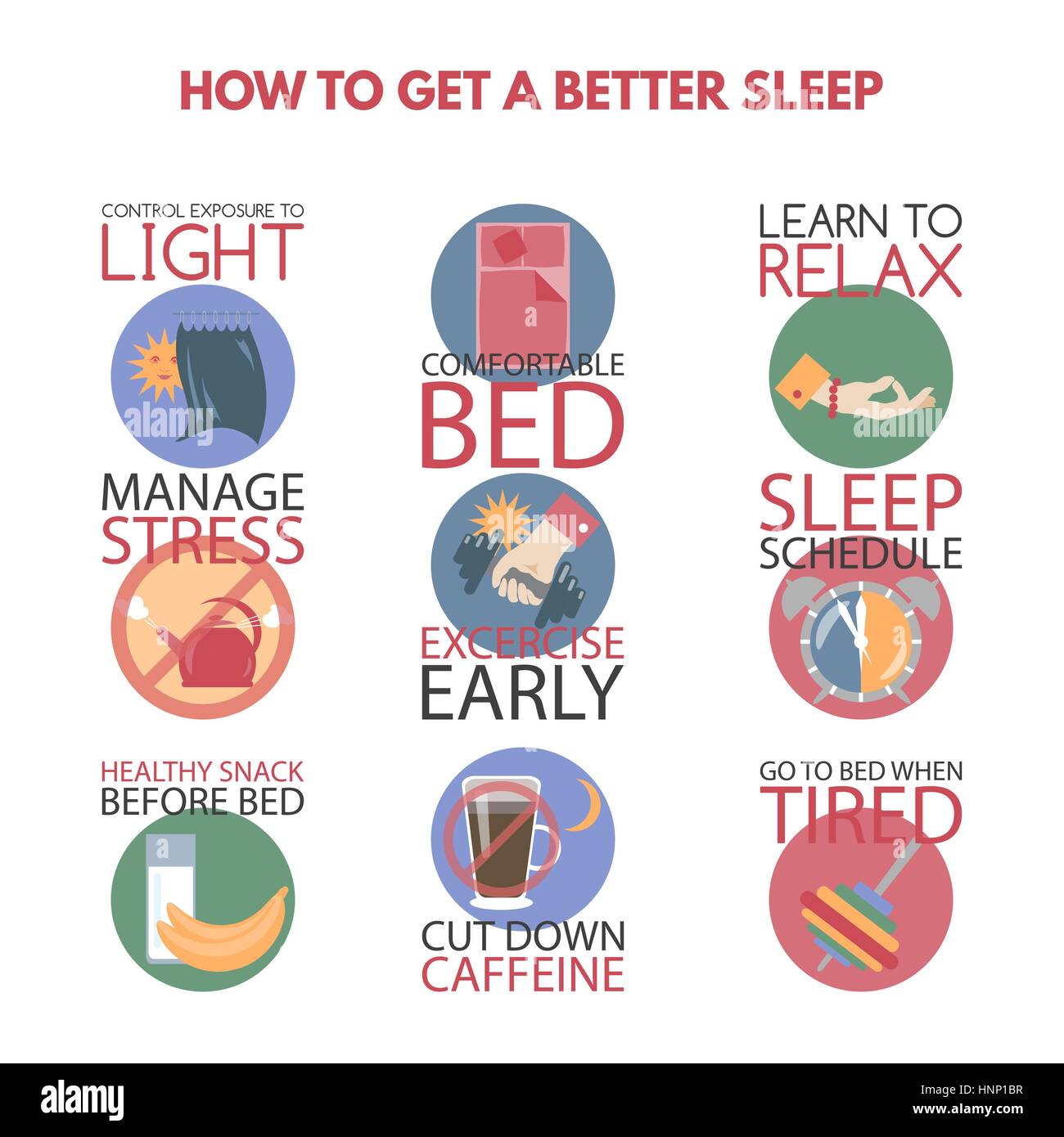 Modern flat style infographic on getting better sleep. Stock Vector