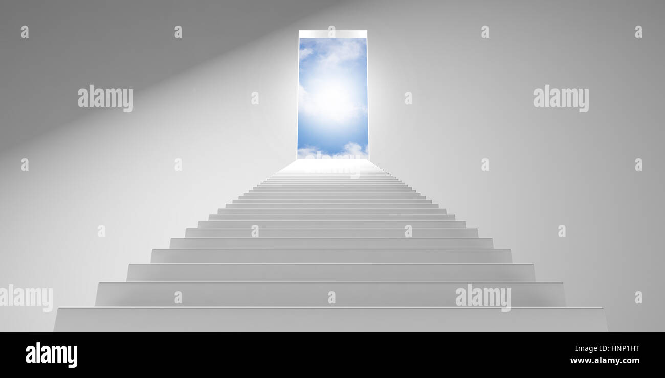 Stairway going up to blue sky. 3d illustration Stock Photo
