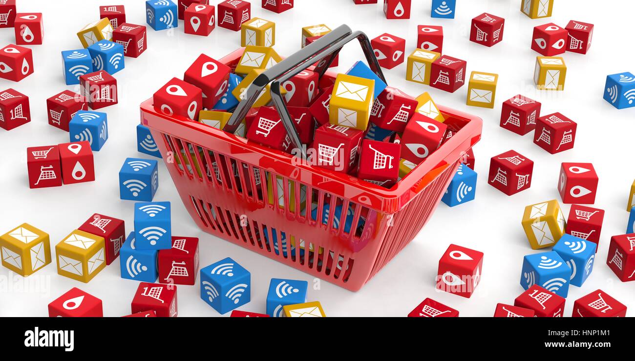 Applications Symbols In A Shopping Basket On White Background 3d applications-symbols-in-a-shopping-basket-on-white-background-3d