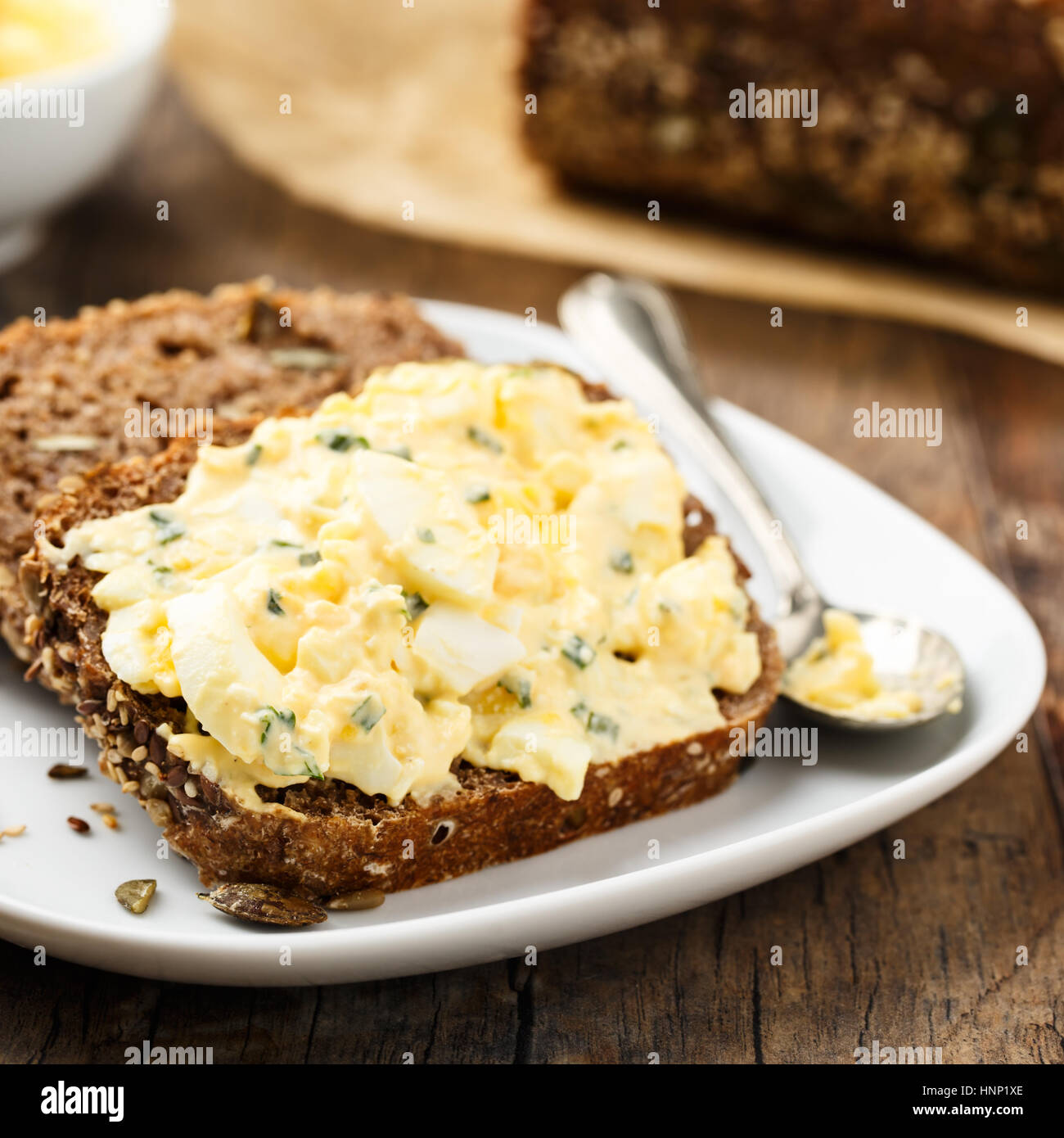 homemade egg salad with pumpkin seed bread. Stock Photo