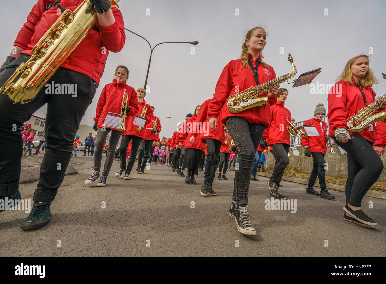 Marching band, Children's Cultural Festival, Reykjavik, Iceland Stock Photo