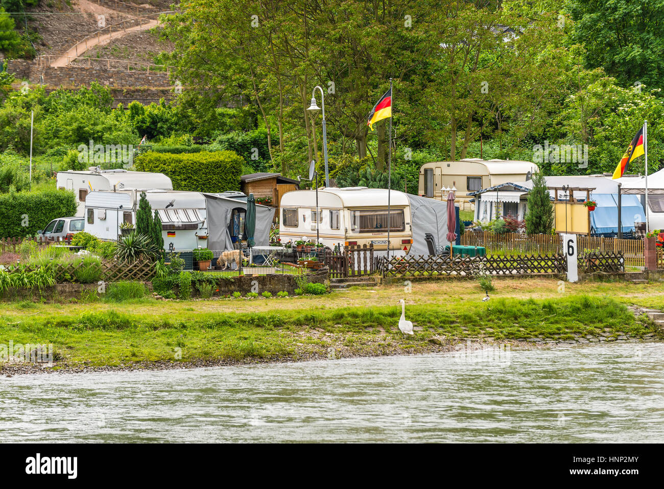 Trechtingshausen, Germany - May 23, 2016: Camping Marienort in Trechtingshausen near Reichenstein castle in cloudy weather, Rhine Valley, Rhineland-Pa Stock Photo