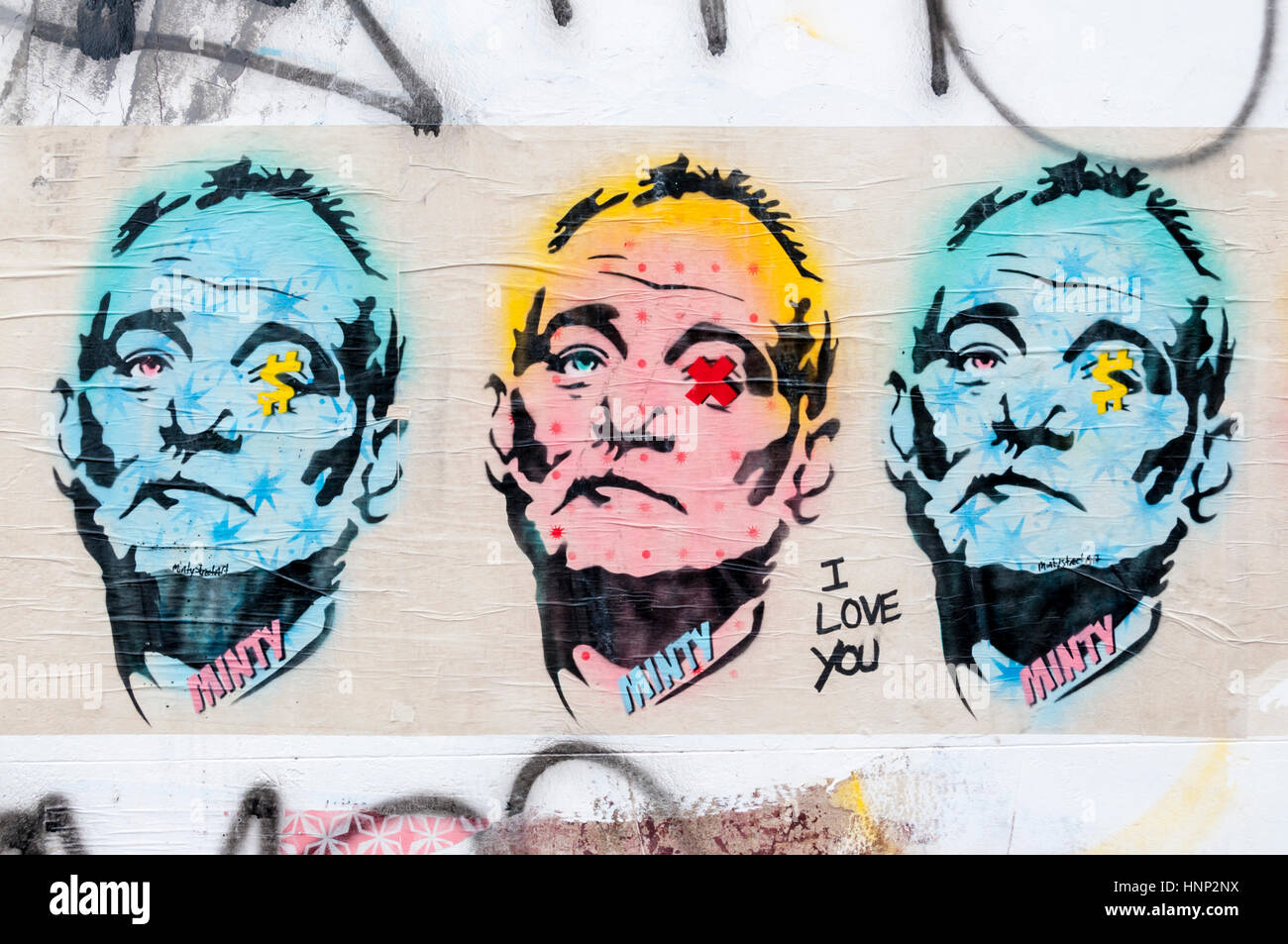 Part of a pop art pasteup graffiti of Bill Murray, by Minty in Brighton. Stock Photo