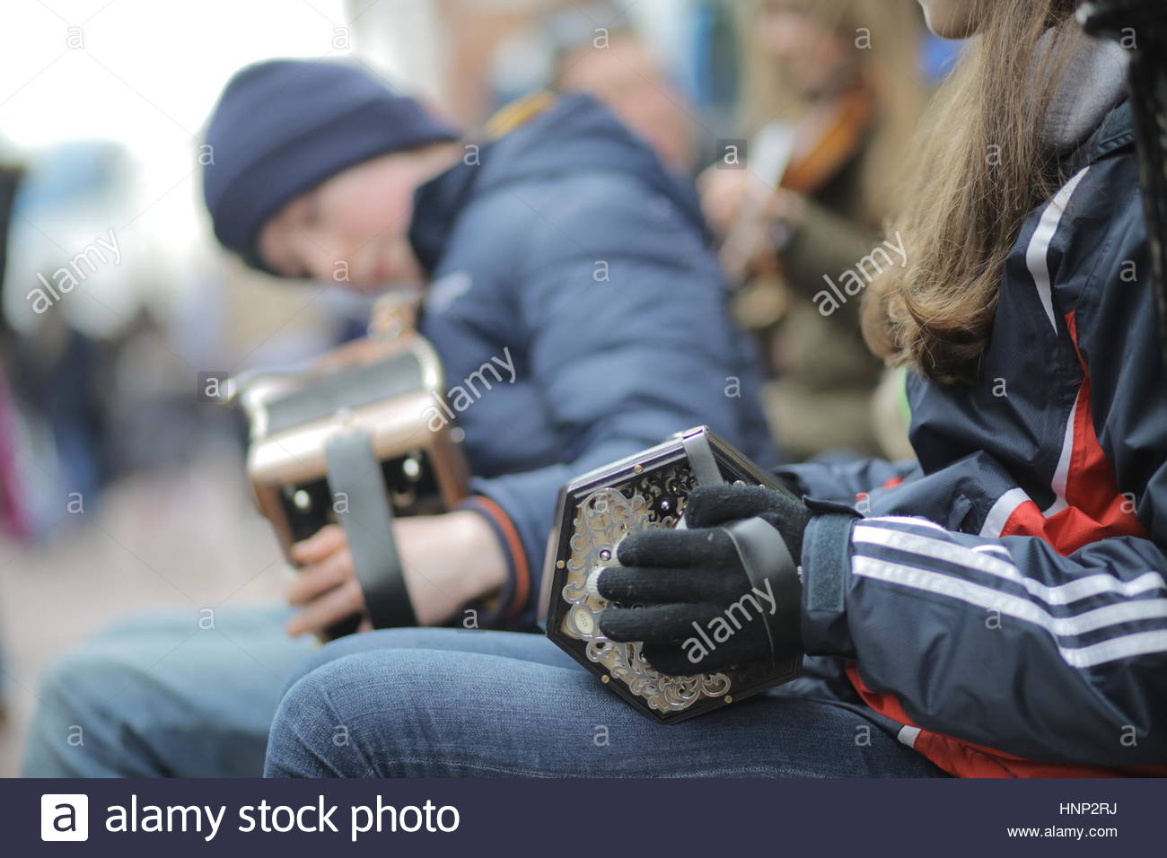 Two young musicians playing music in Dublin Stock Photo