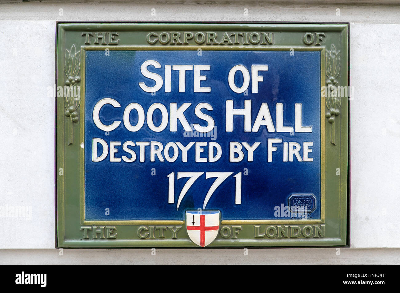 'Site of Cooks Hall Destroyed by Fire 1771'  fire of London memorial blue plaque plaques in the City of London England Great Britain UK  KATHY DEWITT Stock Photo