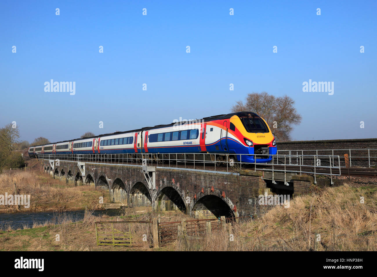 Meridian class 222 004 train, East Midlands Trains livery, between Bedford  and Luton, Bedfordshire, England Stock Photo - Alamy