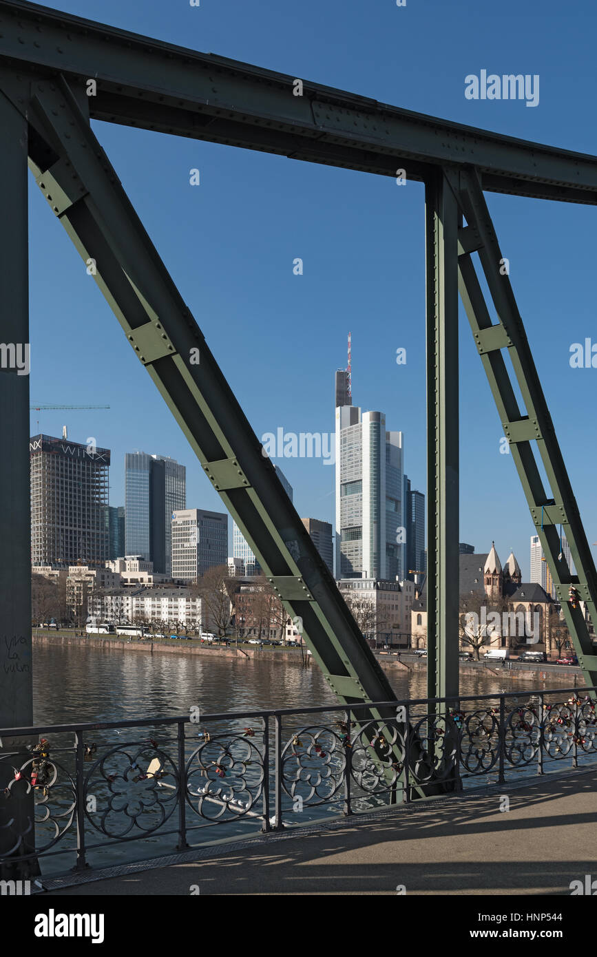 View of Frankfurt am Main skyline and Eiserner Steg bridge.jpg Stock Photo