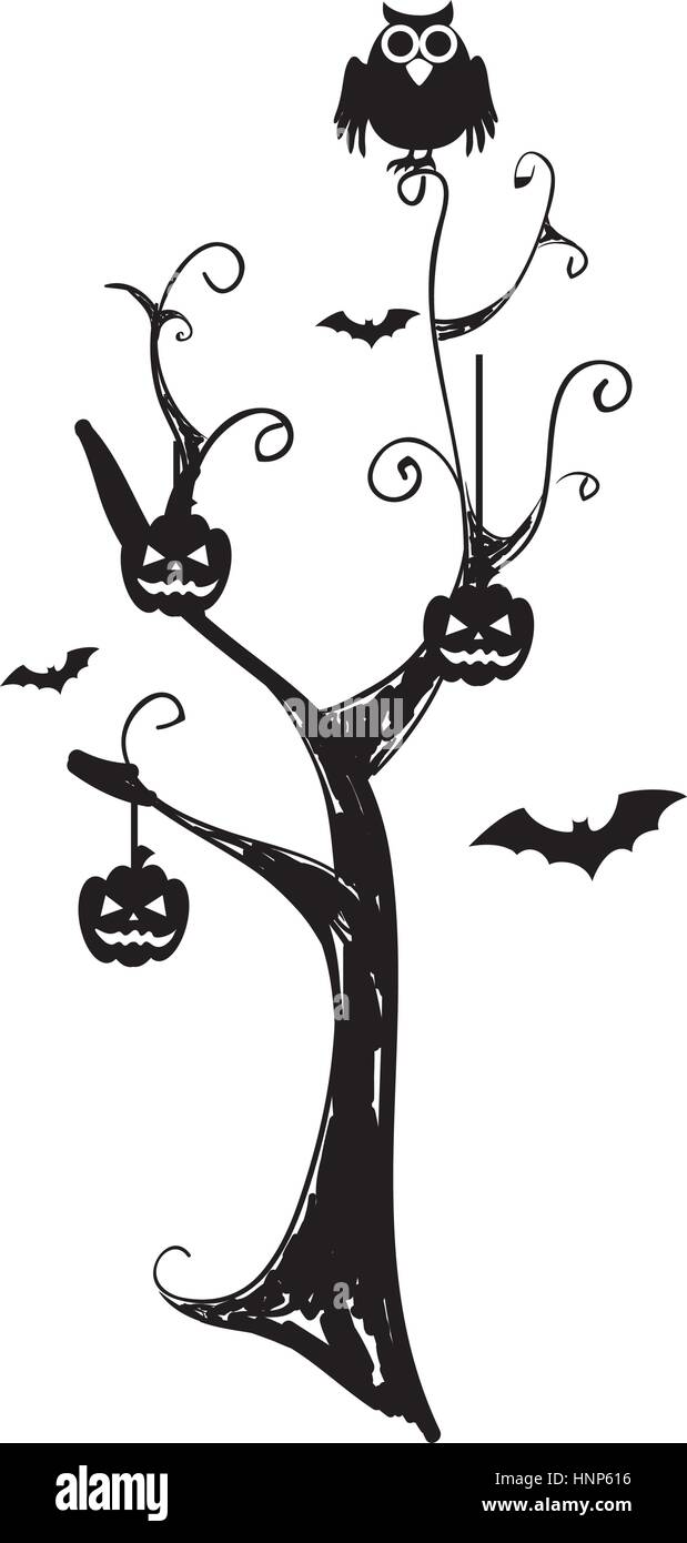 monochrome background halloween tree with pumpkins and bats vector ...