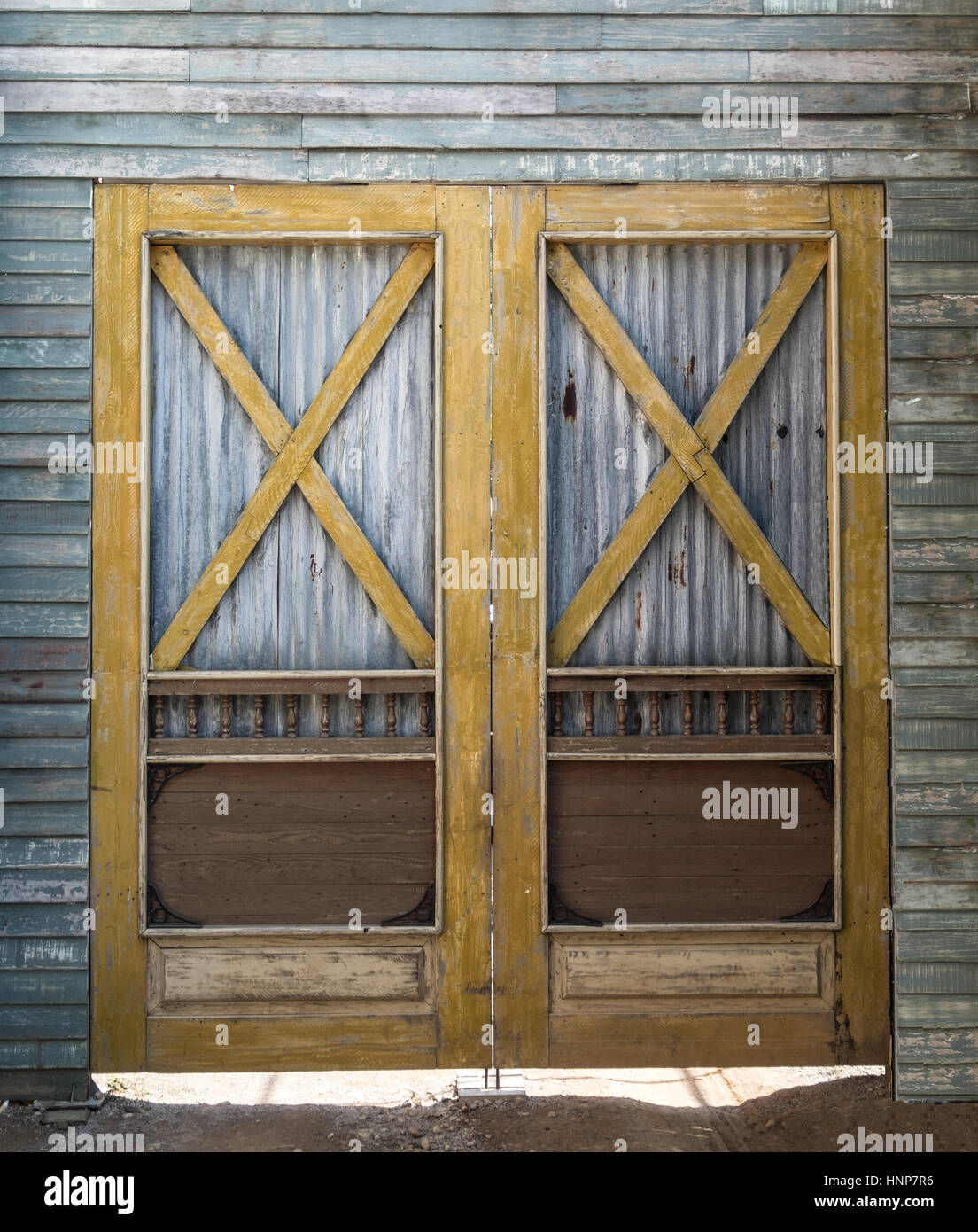 Old Barn Wooden Bracing Frame With Zinc Sheet Double Door Stock