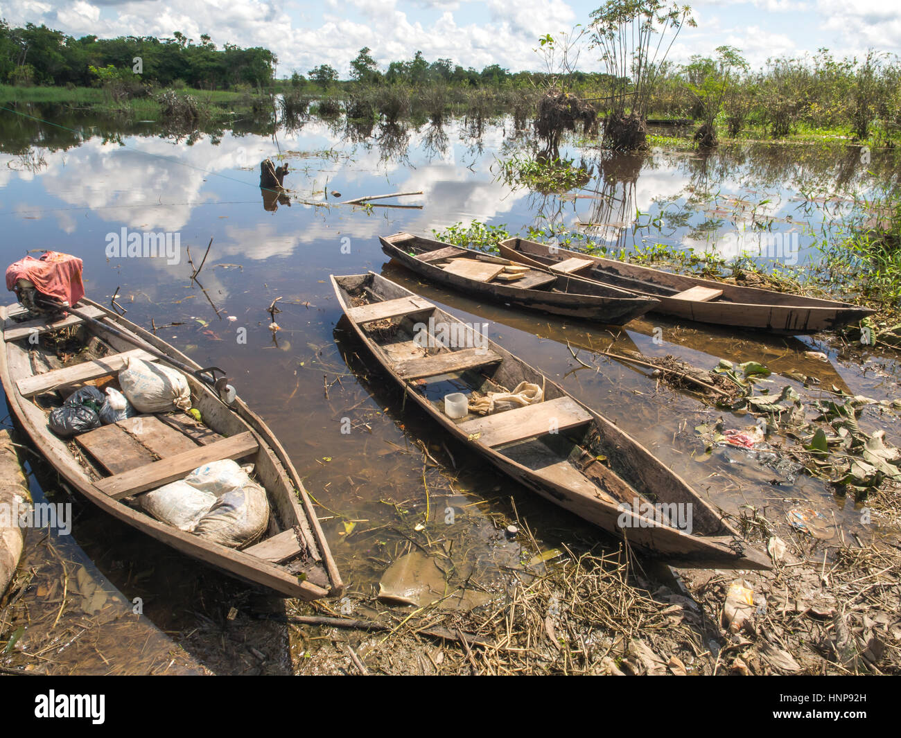 Santo Tomas, Peru May 17, 2016 Traditional, indian boats on the bank