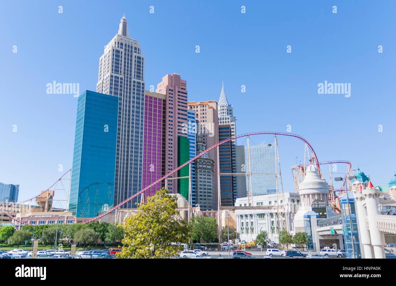 New York-New York hotel with roller coaster, The Strip, Las Vegas Boulevard South, Paradise, Las Vegas, Nevada, USA. Stock Photo