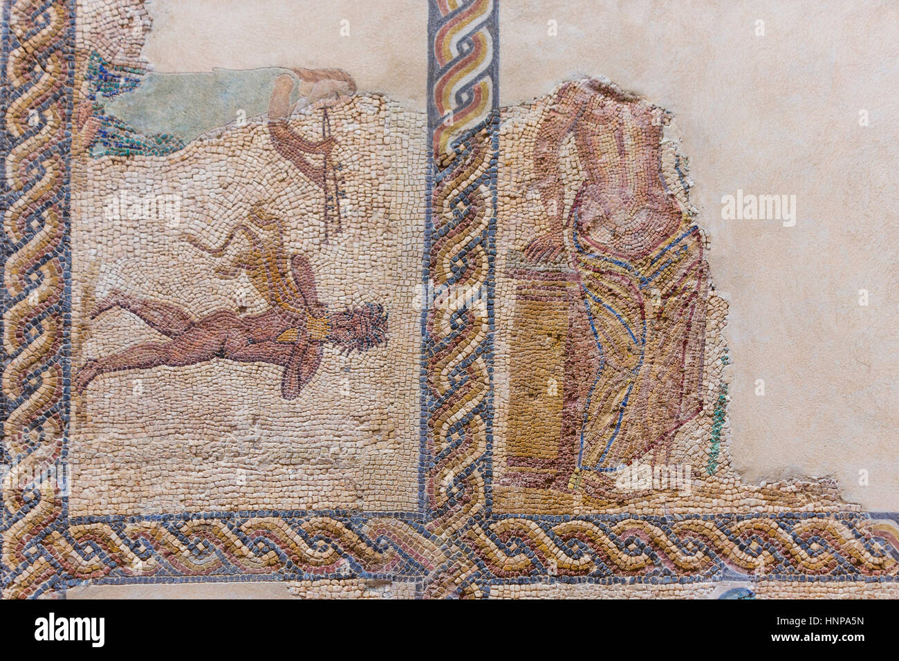 Merida, Badajoz Province, Extremadura, Spain. Partially damaged mosaics on display.   Museo Nacional de Arte Romano. National Museum of Roman Art. Stock Photo