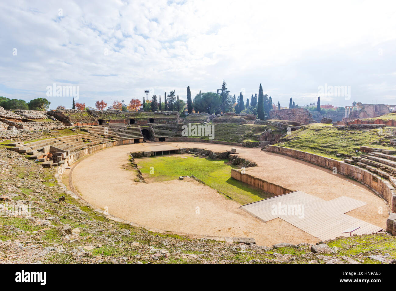 Merida, Badajoz Province, Extremadura, Spain. The Roman amphitheatre. Stock Photo