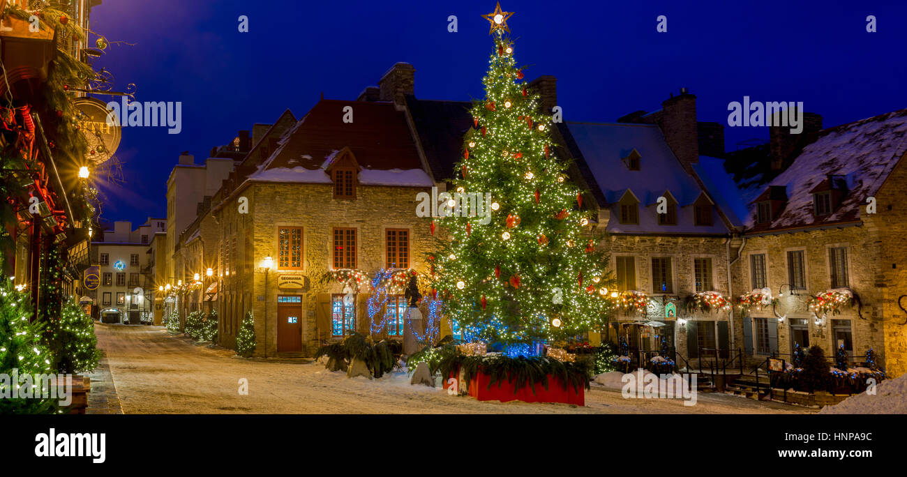 Christmas decorations on the streets, Old lower Town, Place Royale, Quebec City, Quebec, Canada Stock Photo