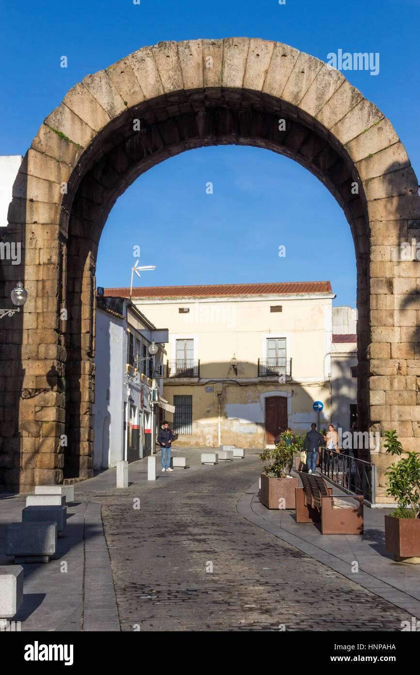Merida, Badajoz Province, Extremadura, Spain. Arch of Trajan. Stock Photo