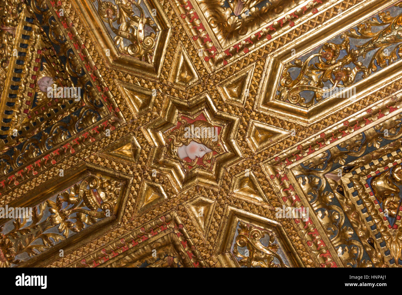 Valencia, Spain.  Ornate ceiling in the Golden Hall in the Palace of  The Generalitat Valenciana or La Generalidad Valenciana. Stock Photo