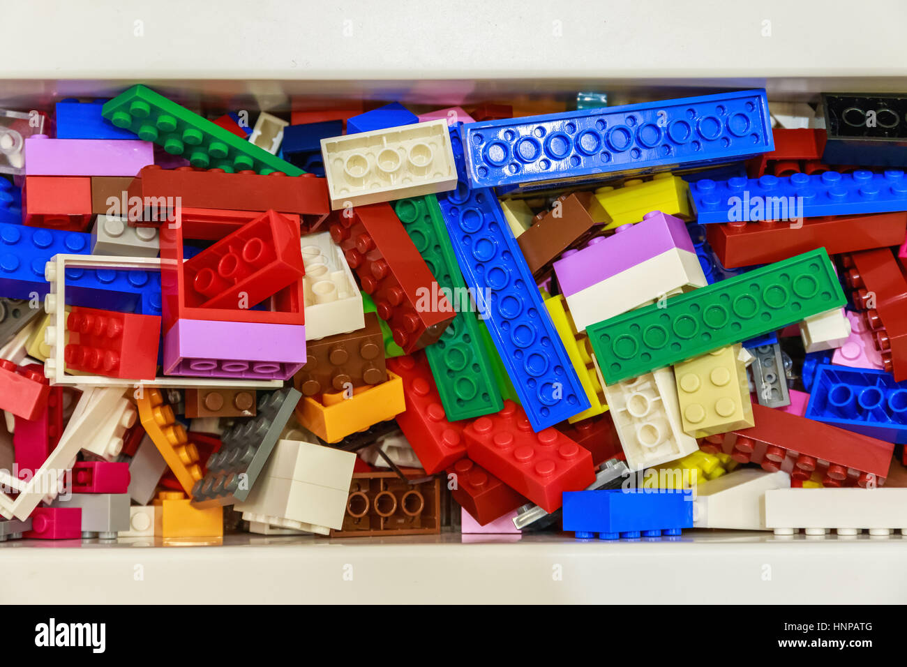 Pile of plastic toy bricks Stock Photo