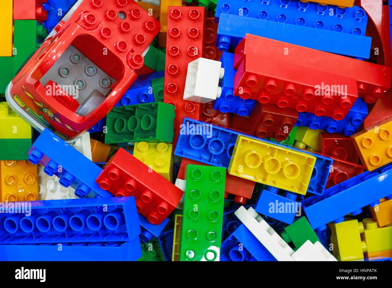 Pile of plastic toy bricks Stock Photo
