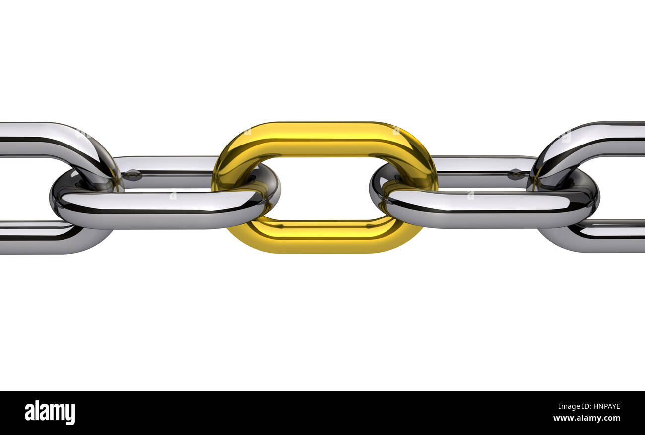 Steel chain with a gold link, business collaboration and teamwork concept 3D illustration isolated on white background. Stock Photo