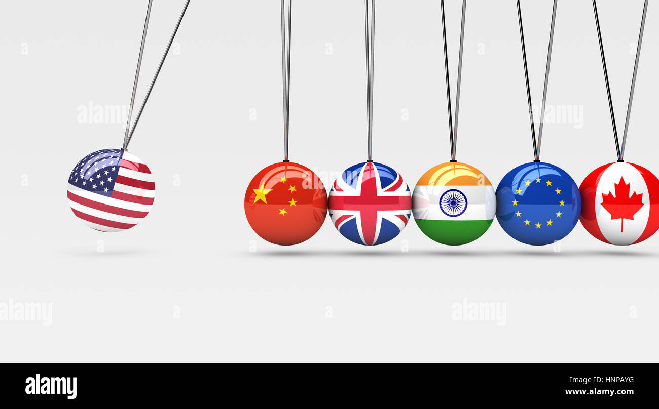 International countries relationships and global economy consequences concept with a cradle and flags on spheres. Stock Photo