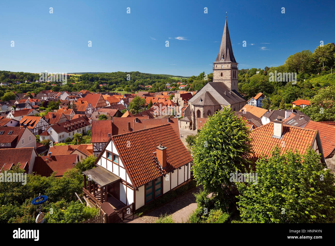 Look on medieval town with the historic centre church, Warburg, district Hoexter, Westphalia-Lippe, North Rhine-Westphalia Stock Photo